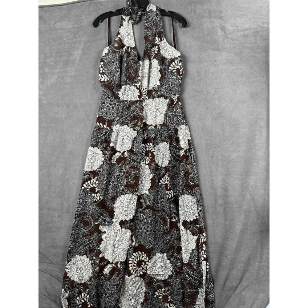 New Loft Brown White Floral Paisley Halter Maxi Dress Size 4 Boho‎ Summer V-Neck
